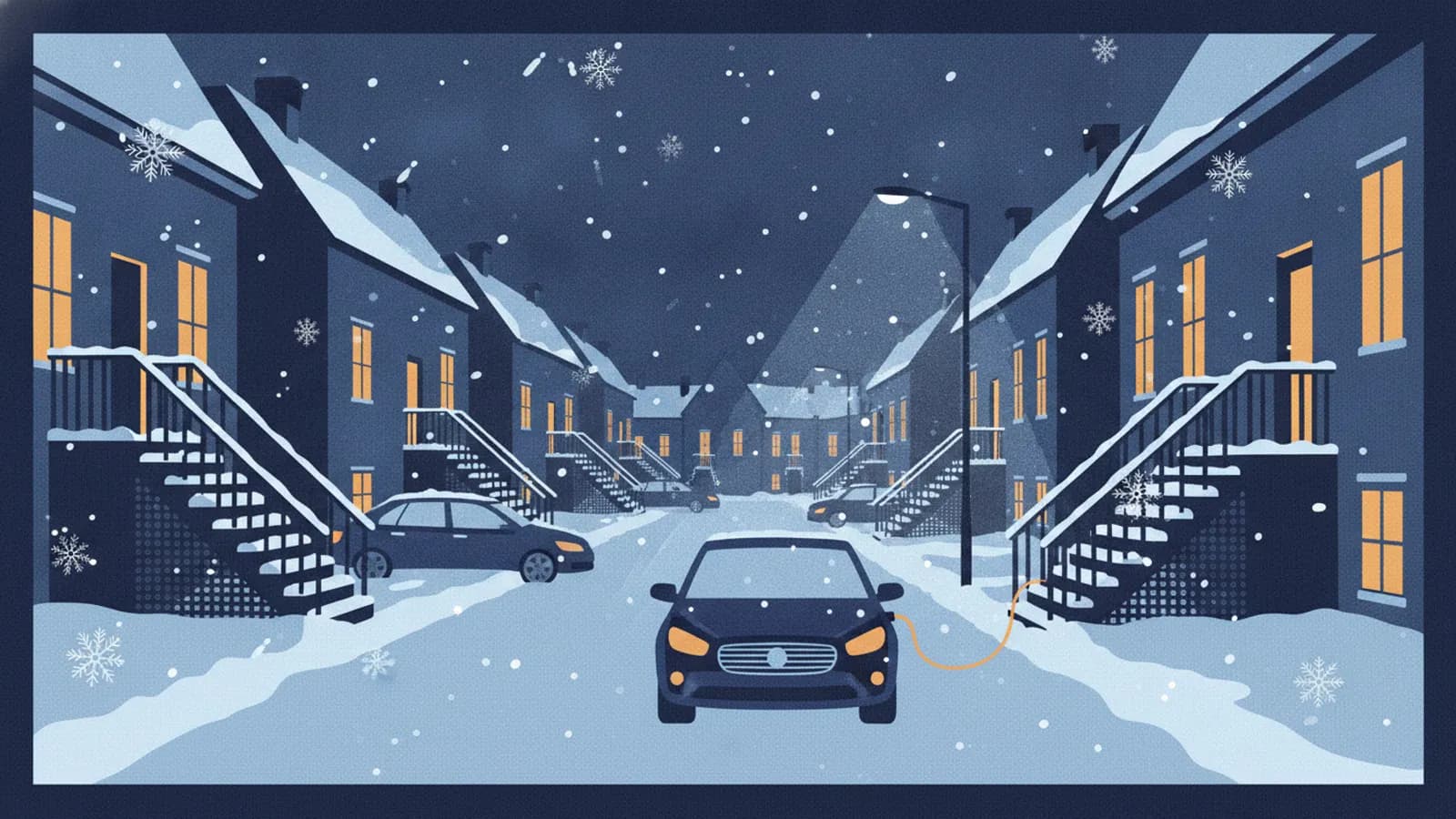 Illustration d'une rue enneigée du Québec avec une voiture branchée à un chauffe-moteur