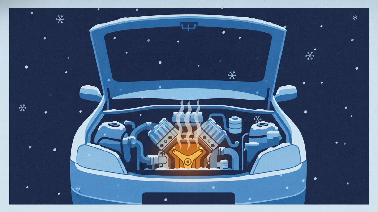 Illustration of an open hood with a warming engine block on a cold night