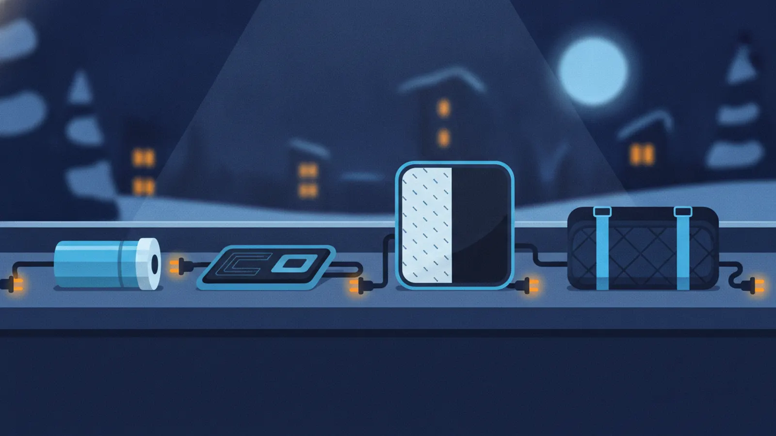 Illustration of four engine block heater types on a workbench