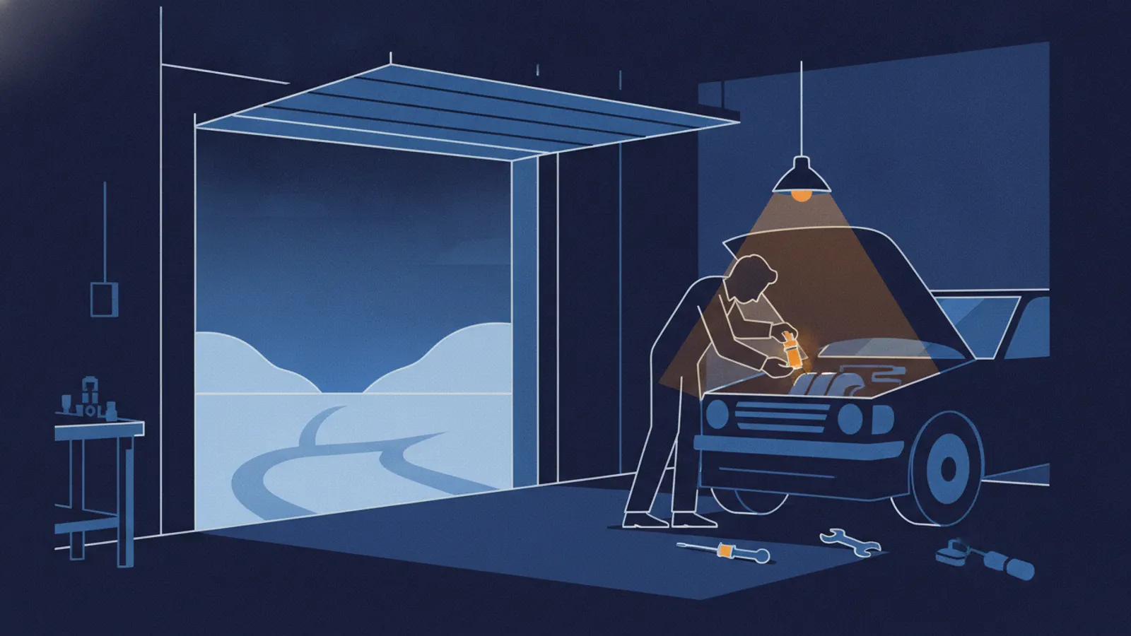 Illustration of a mechanic installing a block heater in a garage at night