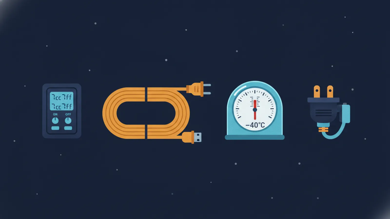 Illustration of a timer, extension cord, thermometer and block heater plug