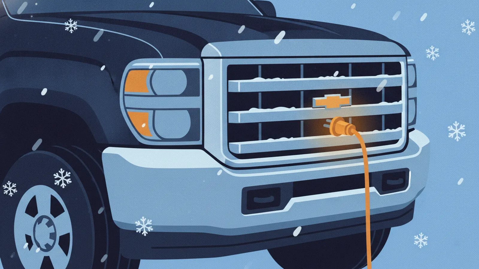 Illustration of a block heater plug tucked through a truck grille in snow