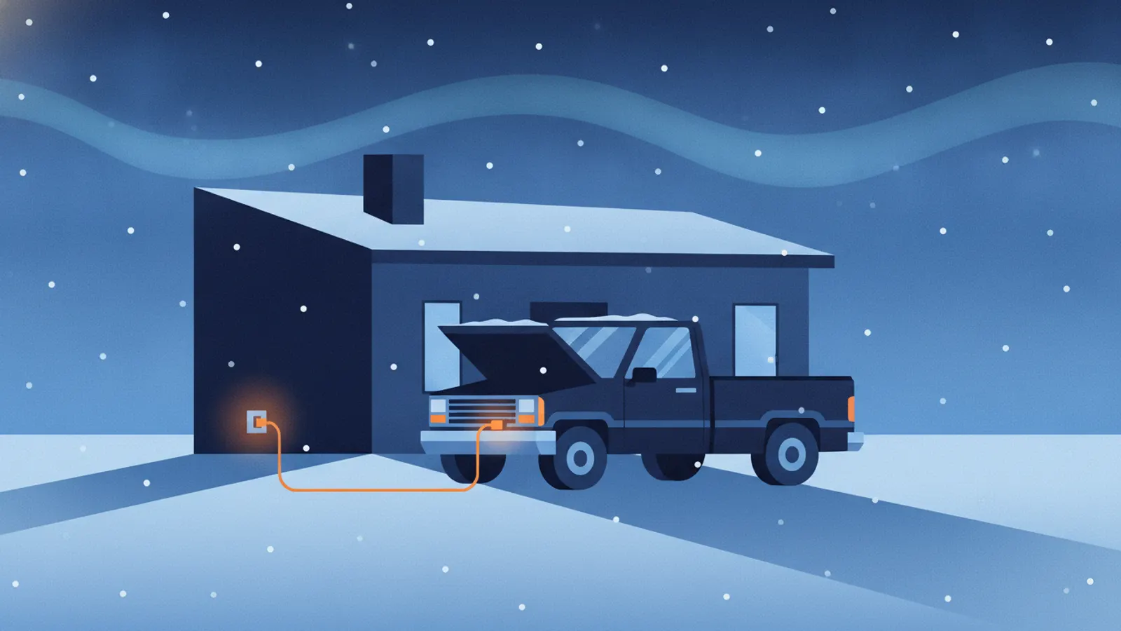 A truck plugged into a block heater outside a Canadian house on a snowy night